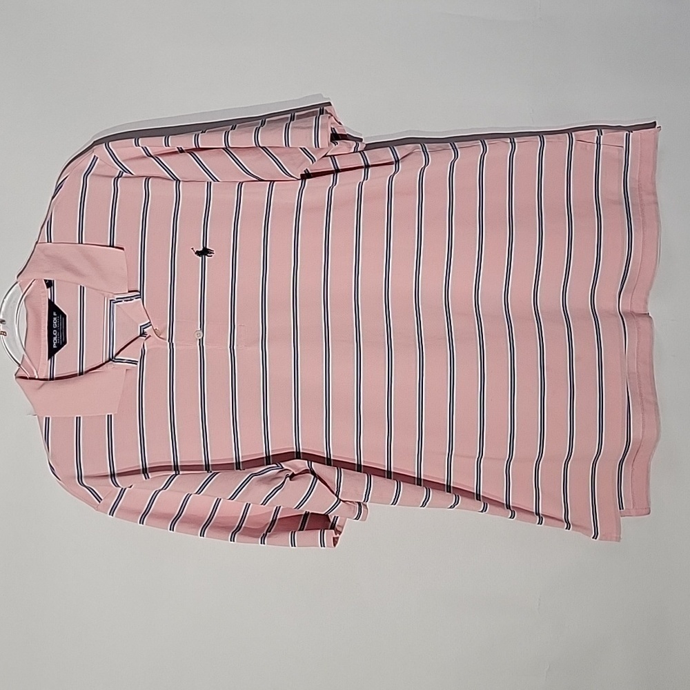Gorgeous Men's Ralph Lauren Polo Golf Shirt, Pink w/ Blue & White Stripes, Sz L